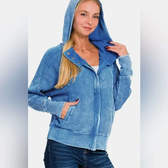 NWT Zenana Ocean Blue Acid Wash Zip Up Waffle Knit Hooded Jacket - Picture 1 of 4